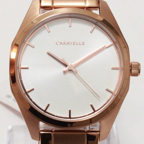 Caravelle Ladies Minimalist Watch By Bulova Rose Gold White Sun-ray Dial 36mm